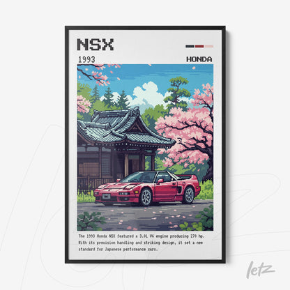 pixel art framed wall art of a 1993 Honda NSX in front of a pagoda surrounded by cherry blossoms