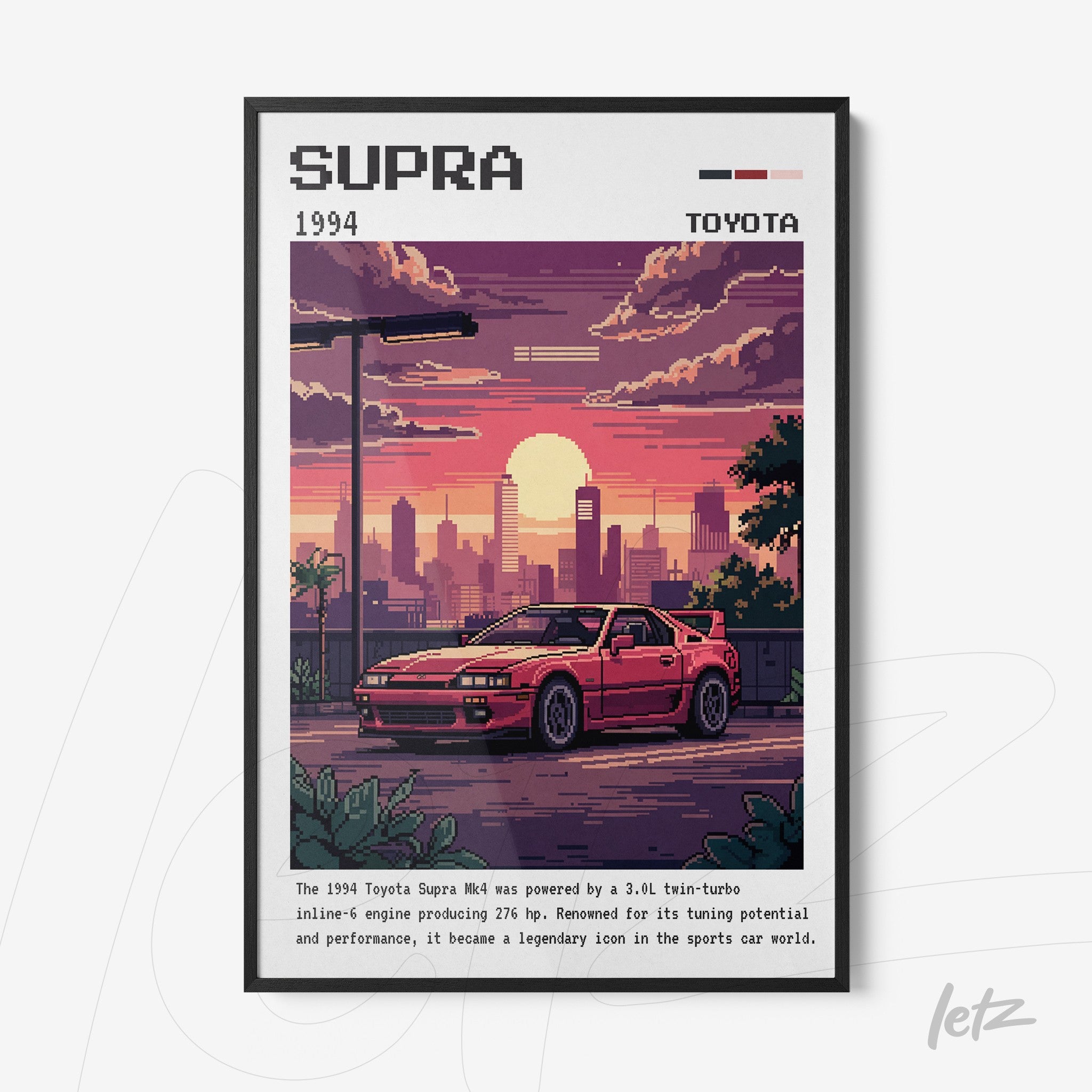 retro style framed artwork of a 1994 Toyota Supra sports car with a black frame