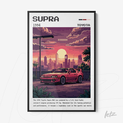retro style framed artwork of a 1994 Toyota Supra sports car with a black frame