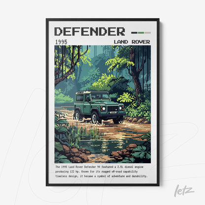 framed pixel art of a 1995 Land Rover Defender 90 in a natural setting, showcasing the vehicle details and surrounding greenery