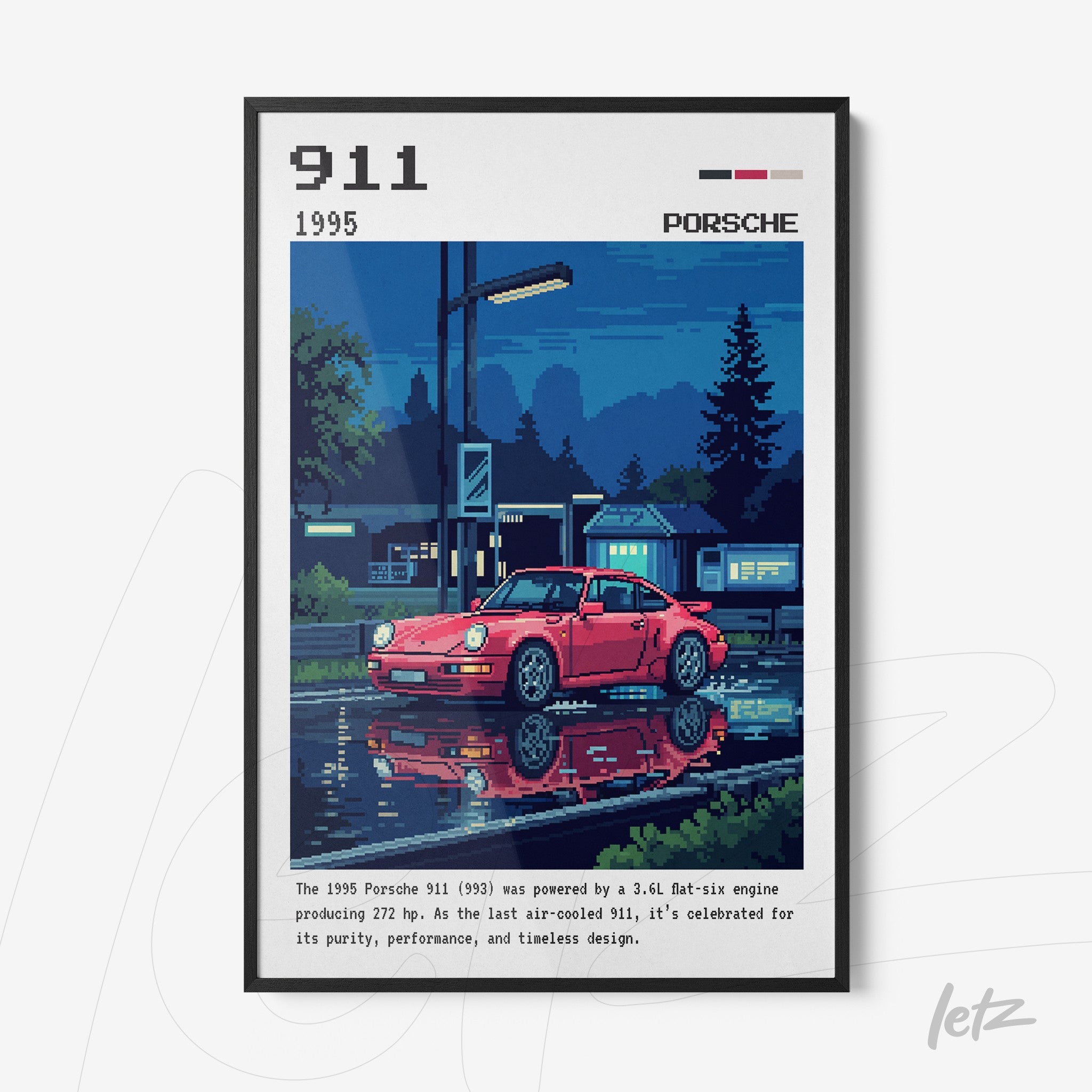 framed pixel art of a red Porsche 911 reflected in a puddle with a night scenery background