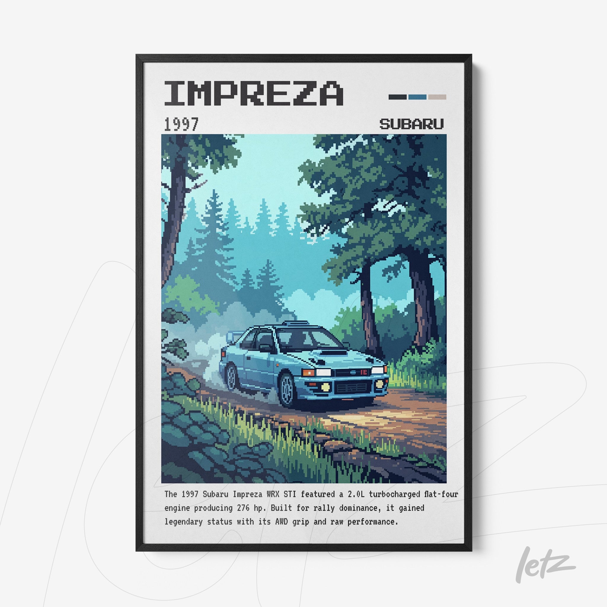 framed pixel art of a 1997 Subaru Impreza driving on a tree-lined road