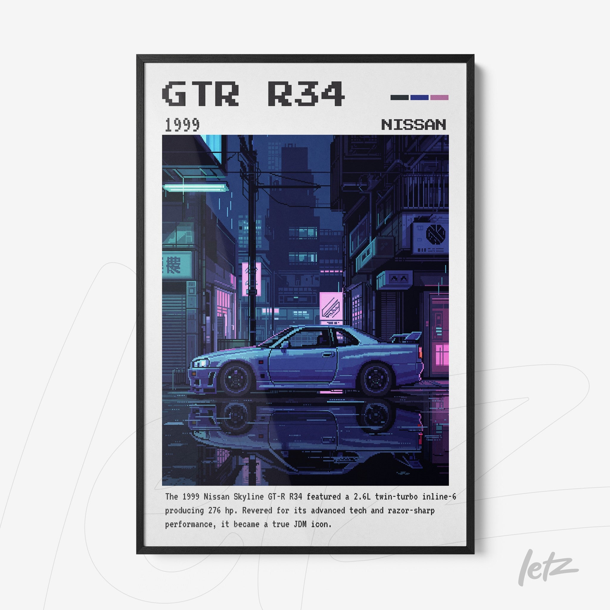 framed digital artwork of a GTR R34 car featured in a futuristic city at night with black frame