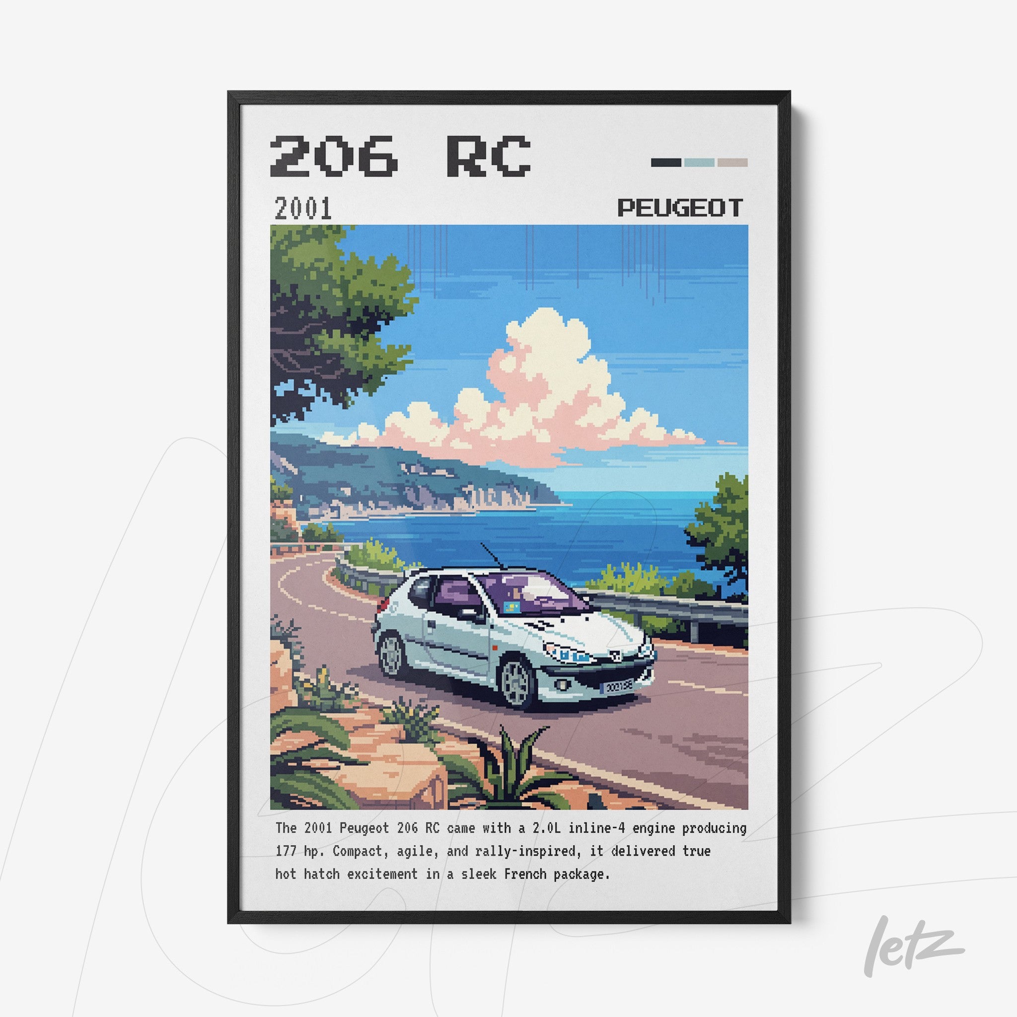 framed digital artwork of the Peugeot 206 RC on a coastal road with a blue sky