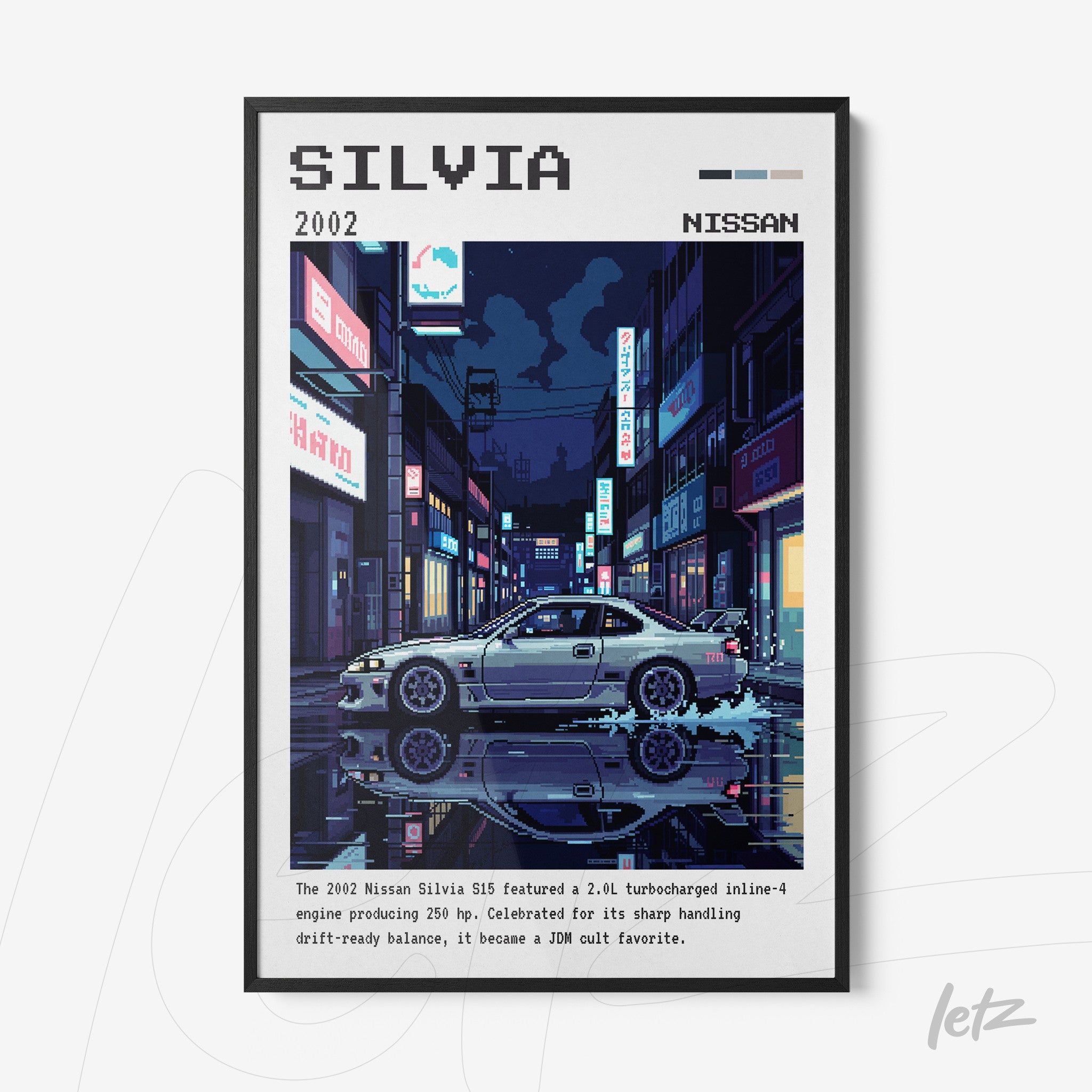 digital art print of a 2002 Nissan Silvia in a retro-style nighttime street scene with bright neon lights