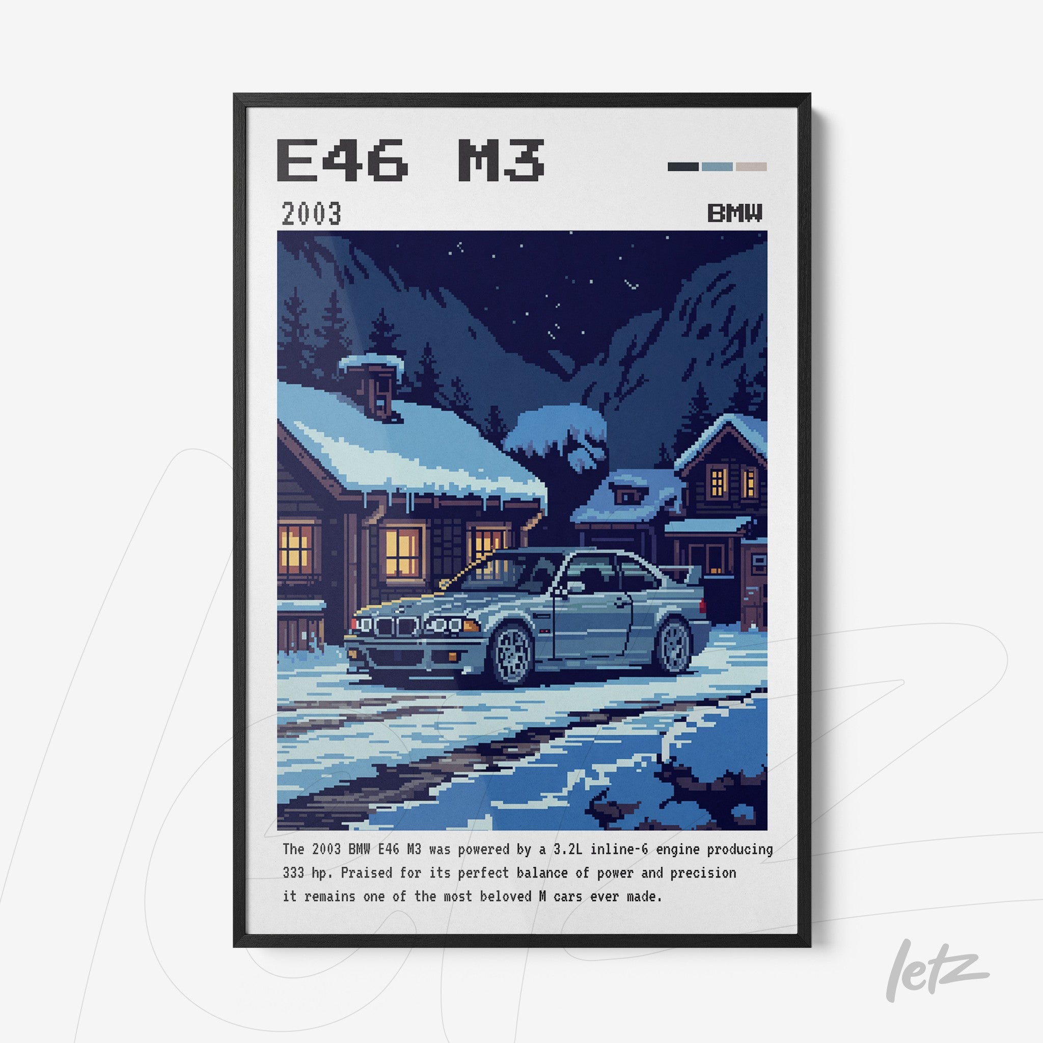 pixel art framed illustration of a BMW E46 M3 car in a winter setting with snow and wooden cabin
