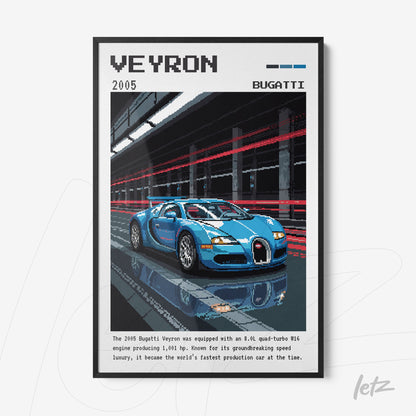 framed pixel art of the 2005 Bugatti Veyron in black frame