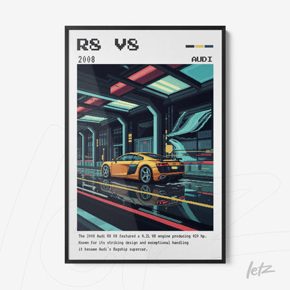 framed digital art of Audi R8 sports car with futuristic background and black frame