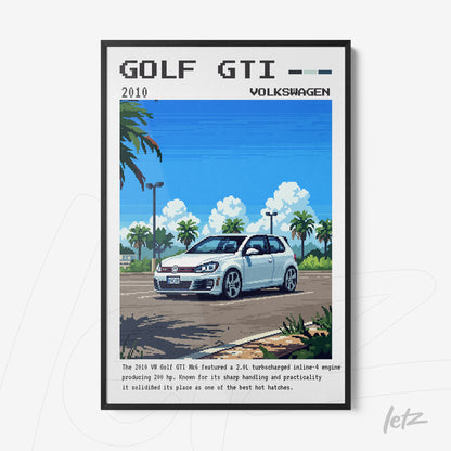 pixel art print of a Volkswagen Golf GTI car on an urban street with blue sky and trees in the background