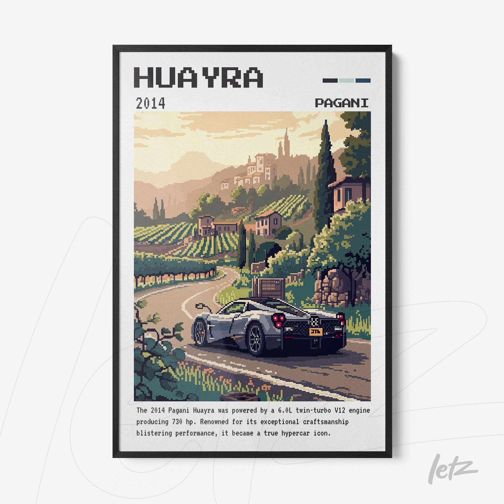 pixel art print of a Pagani Huayra sports car set in a mountainous landscape with green fields and a village in the background, framed in black