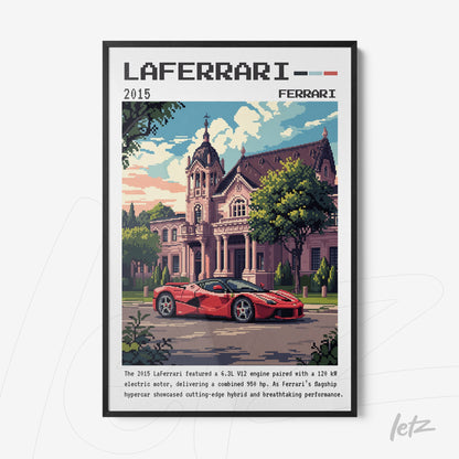 pixel art framed print of LaFerrari car in front of a mansion with a black frame