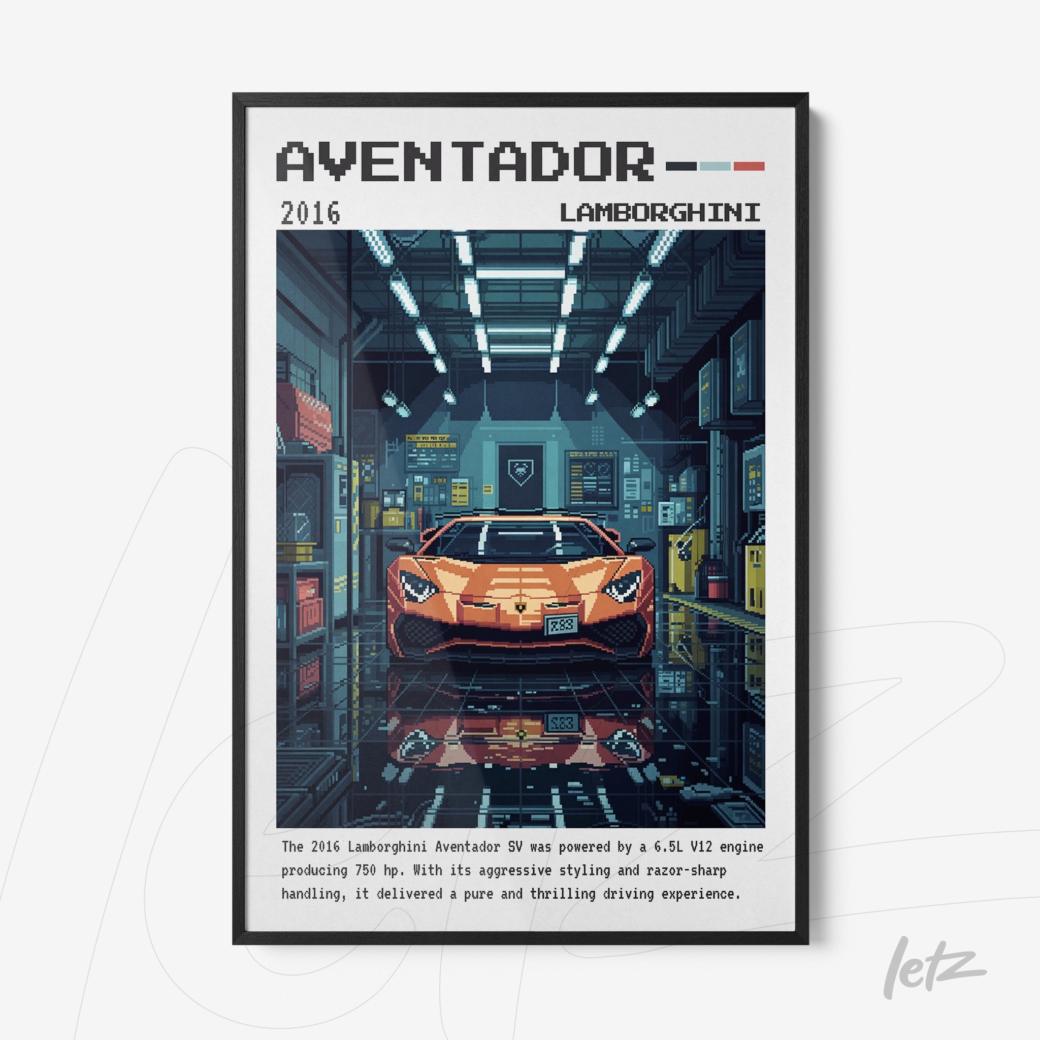 framed pixel art of an orange Lamborghini Aventador in a garage with blue background and retro design elements