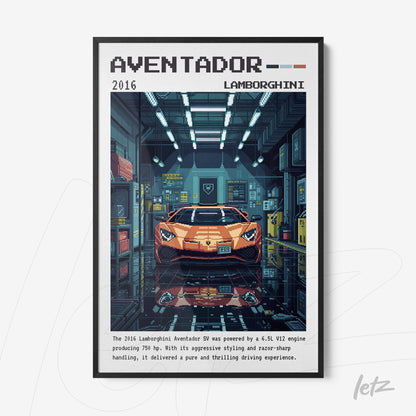framed pixel art of an orange Lamborghini Aventador in a garage with blue background and retro design elements