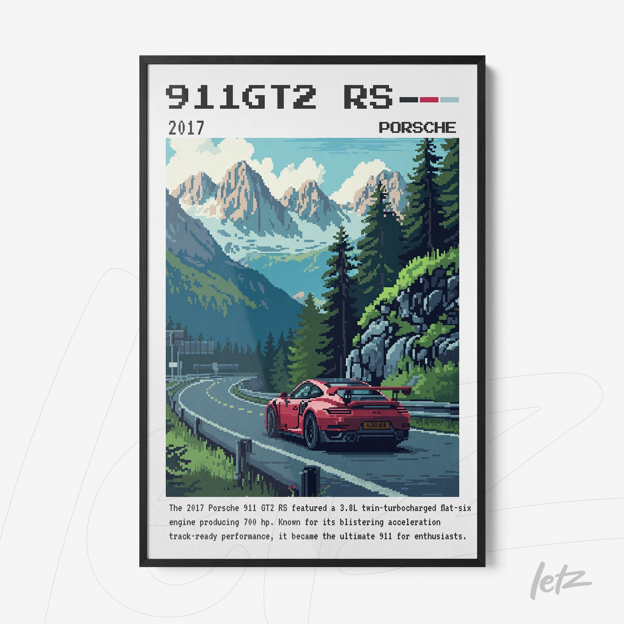 pixel art wall art featuring a red Porsche 911 GT2 RS on a mountain road with a backdrop of mountains