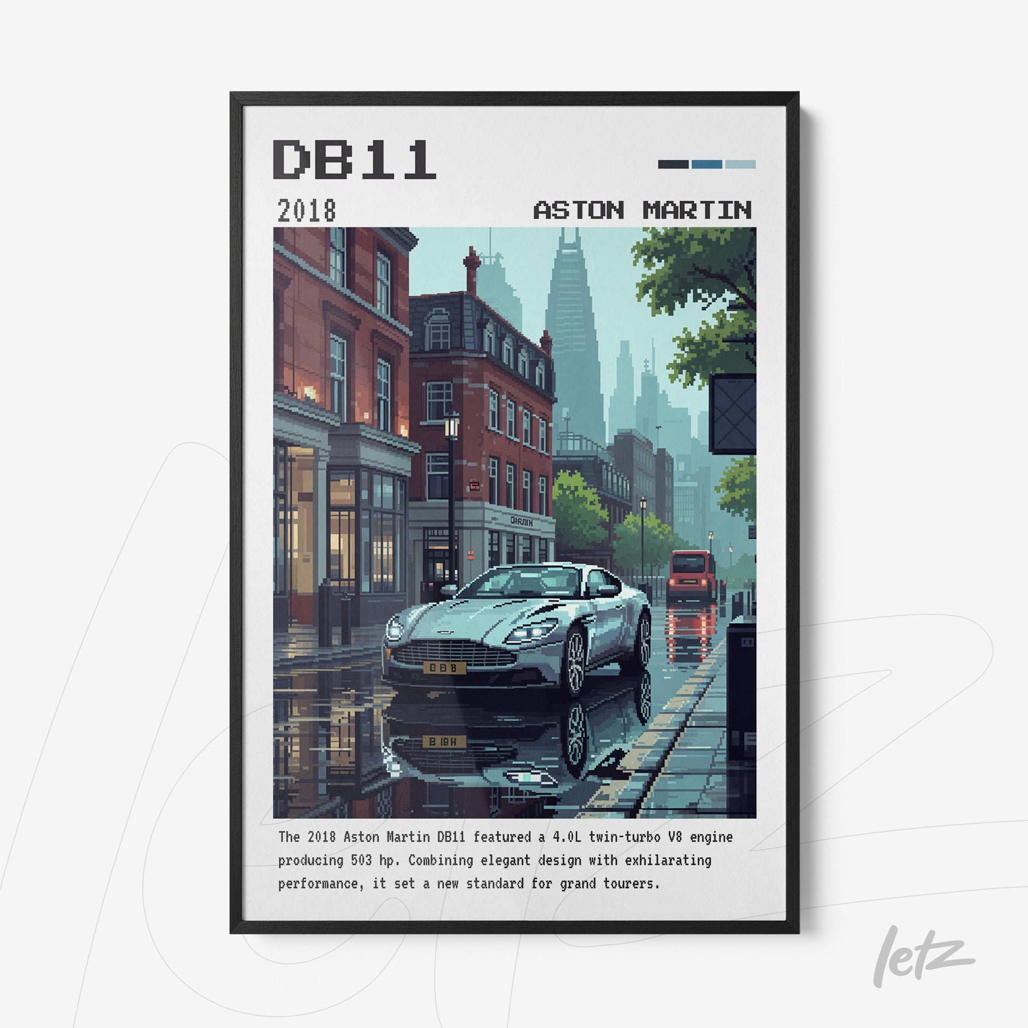 framed digital art of an aston martin db11 on a rainy street, showcasing buildings in the background