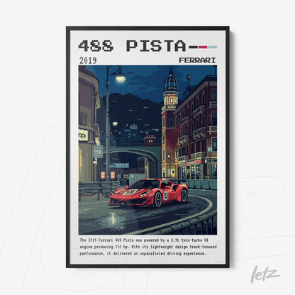 framed pixel art illustration of a red Ferrari 488 Pista against a night city backdrop
