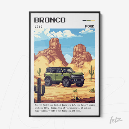 pixel art framed wall decor of a green Ford Bronco in a desert landscape
