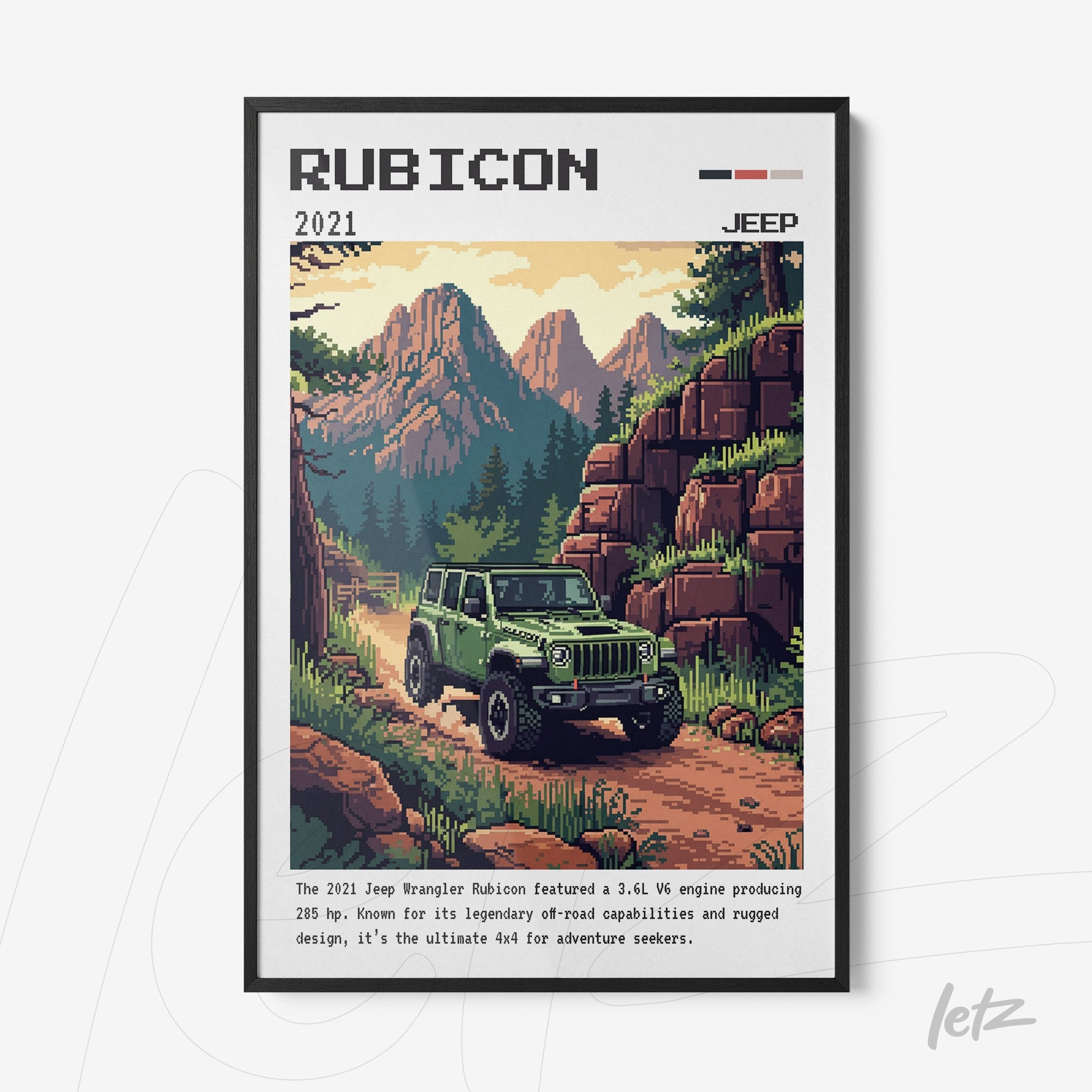 framed pixel art of a green jeep rubicon driving through mountainous terrain