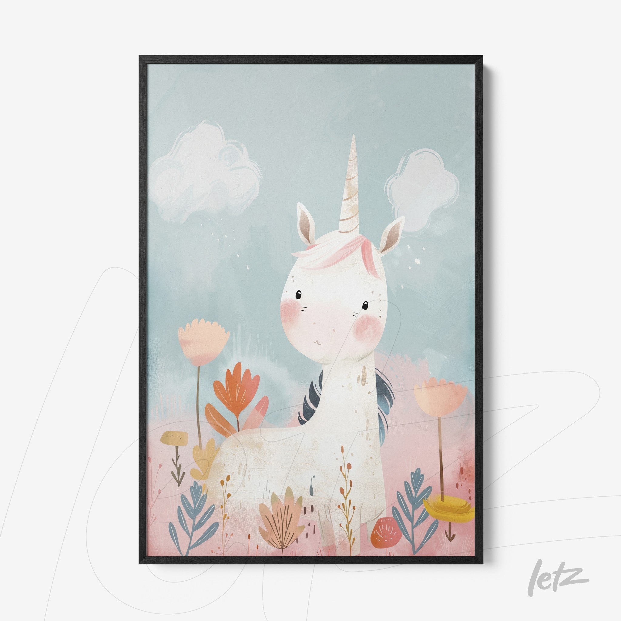 framed wall art featuring a cute unicorn with pastel colors and floral elements