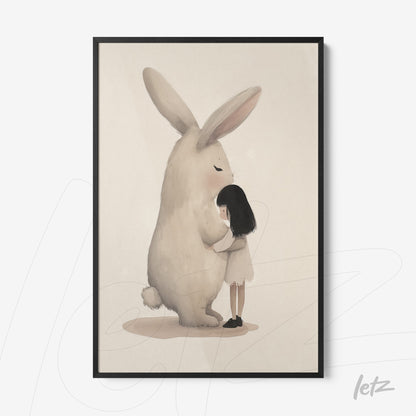framed artwork of a girl hugging a giant bunny with a black frame