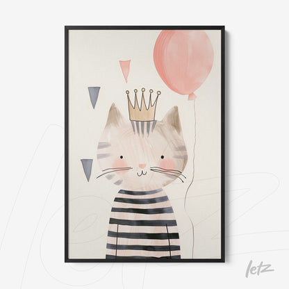 framed wall art featuring a striped cat wearing a crown and holding a pink balloon