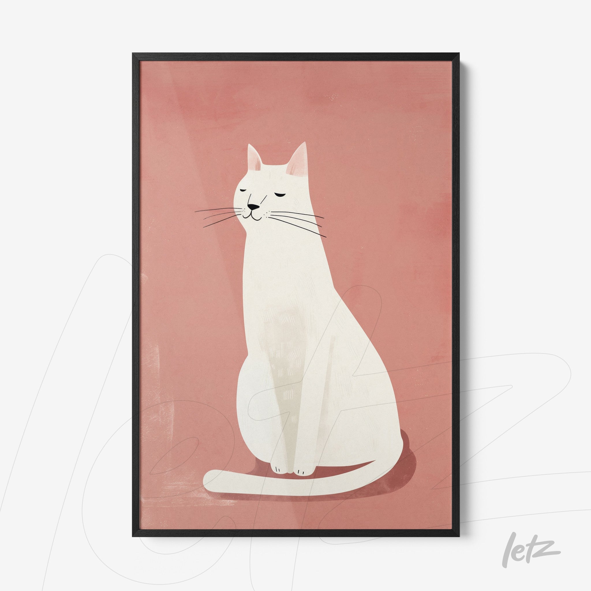 framed minimalist illustration of a white cat on pink background with black frame