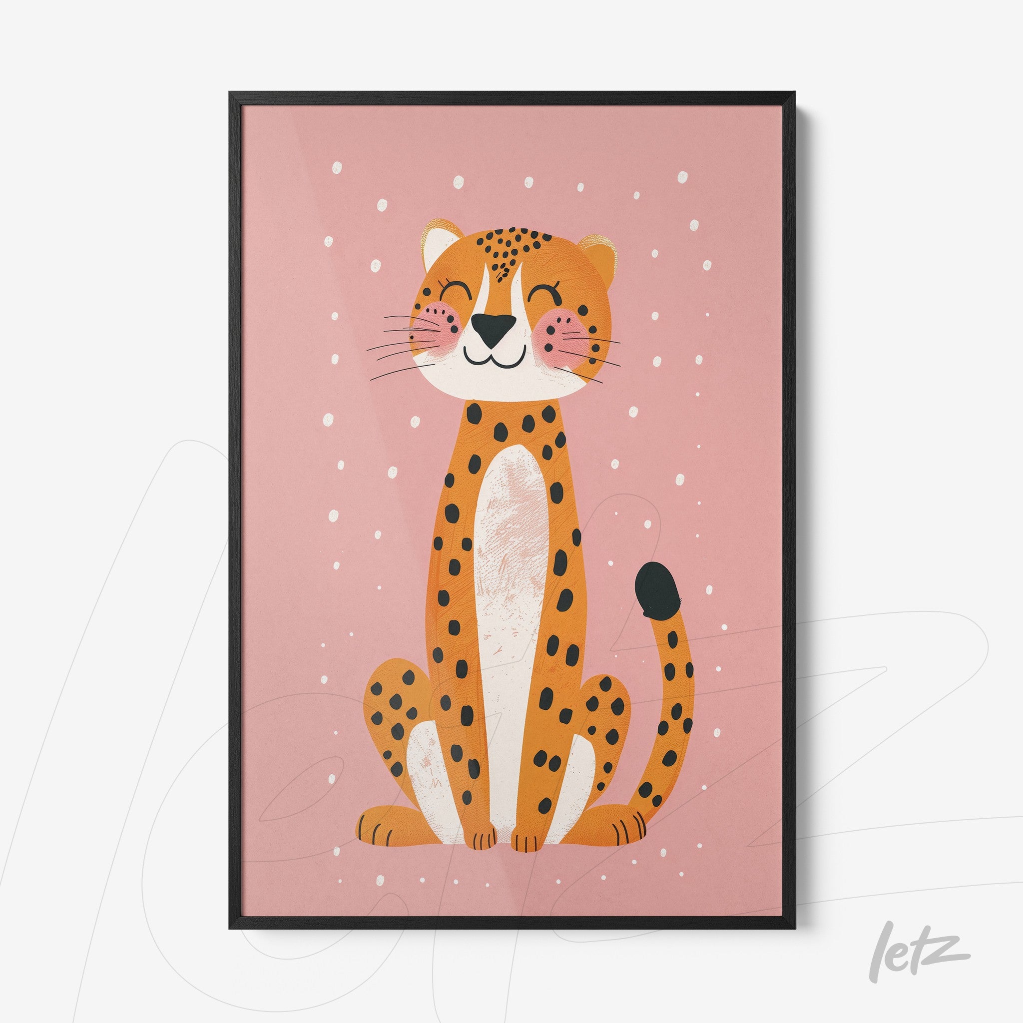 framed artwork of a smiling leopard on a pink background with white polka dots
