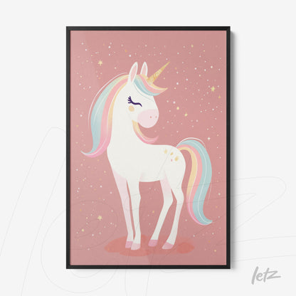 framed artwork featuring a white unicorn with a colorful mane on a pink background