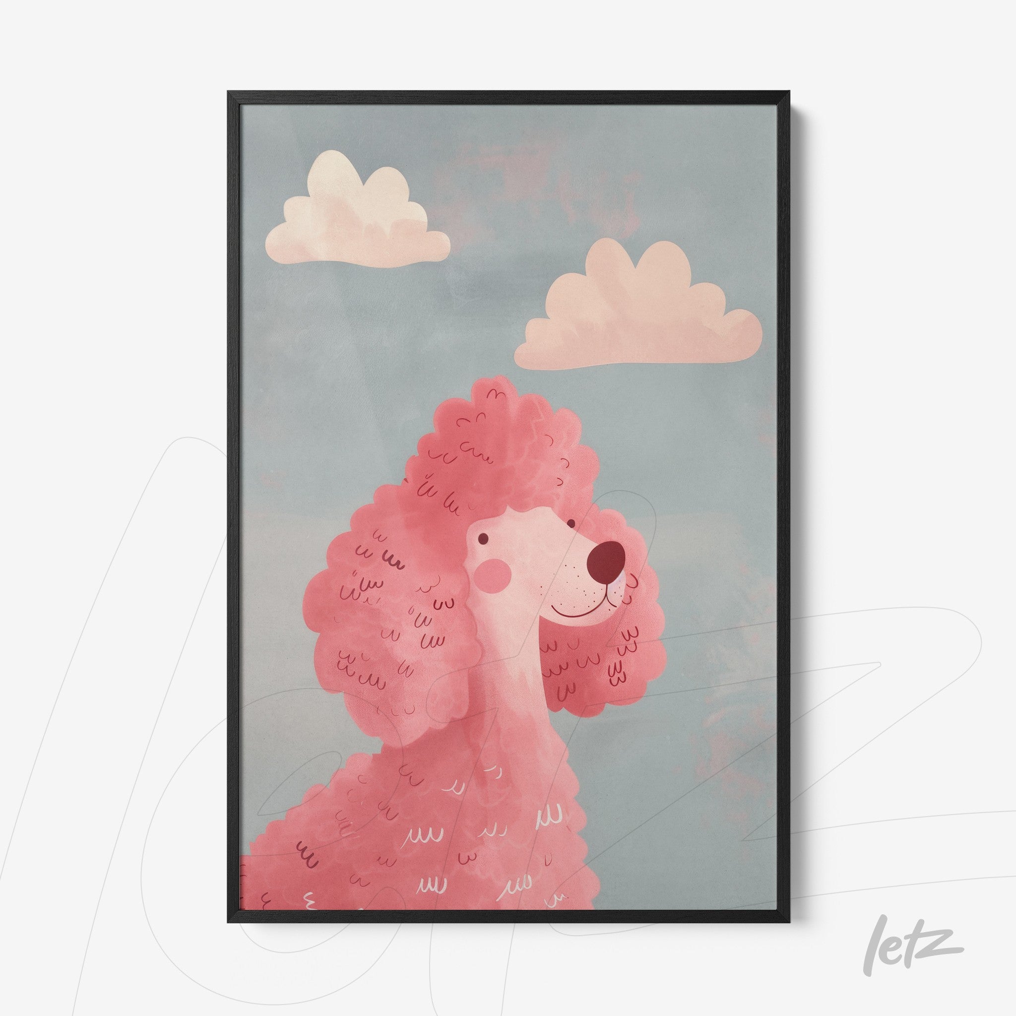 framed artwork featuring a pink poodle against a blue sky with light clouds