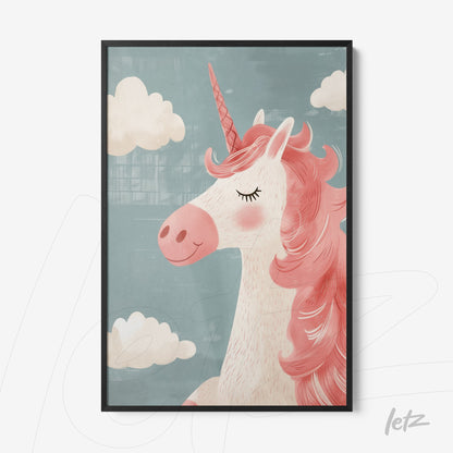 framed artwork of a pink unicorn against a light blue background with black frame