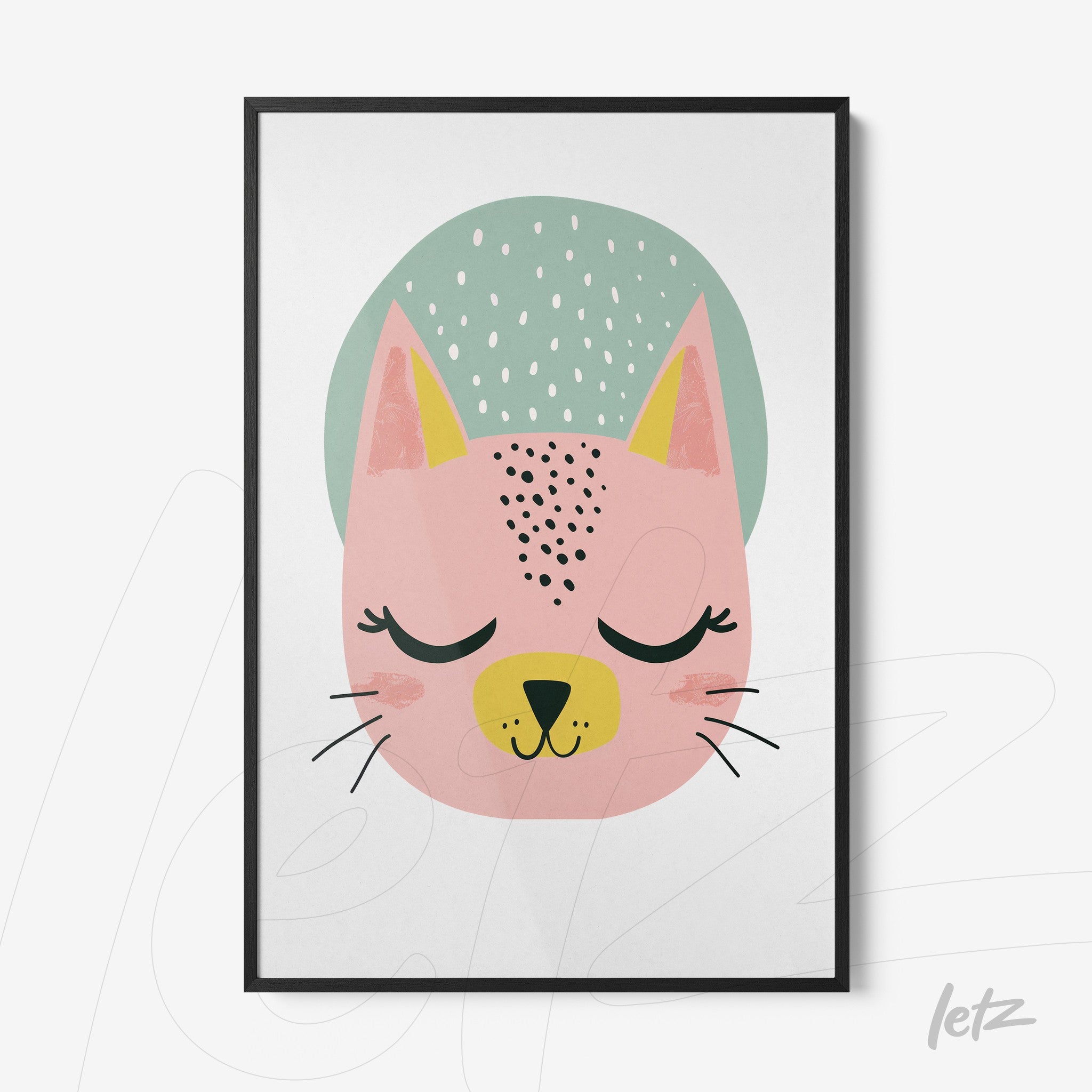 framed artwork featuring a pink cat illustration with green accents and black frame