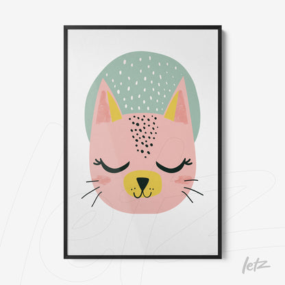 framed artwork featuring a pink cat illustration with green accents and black frame