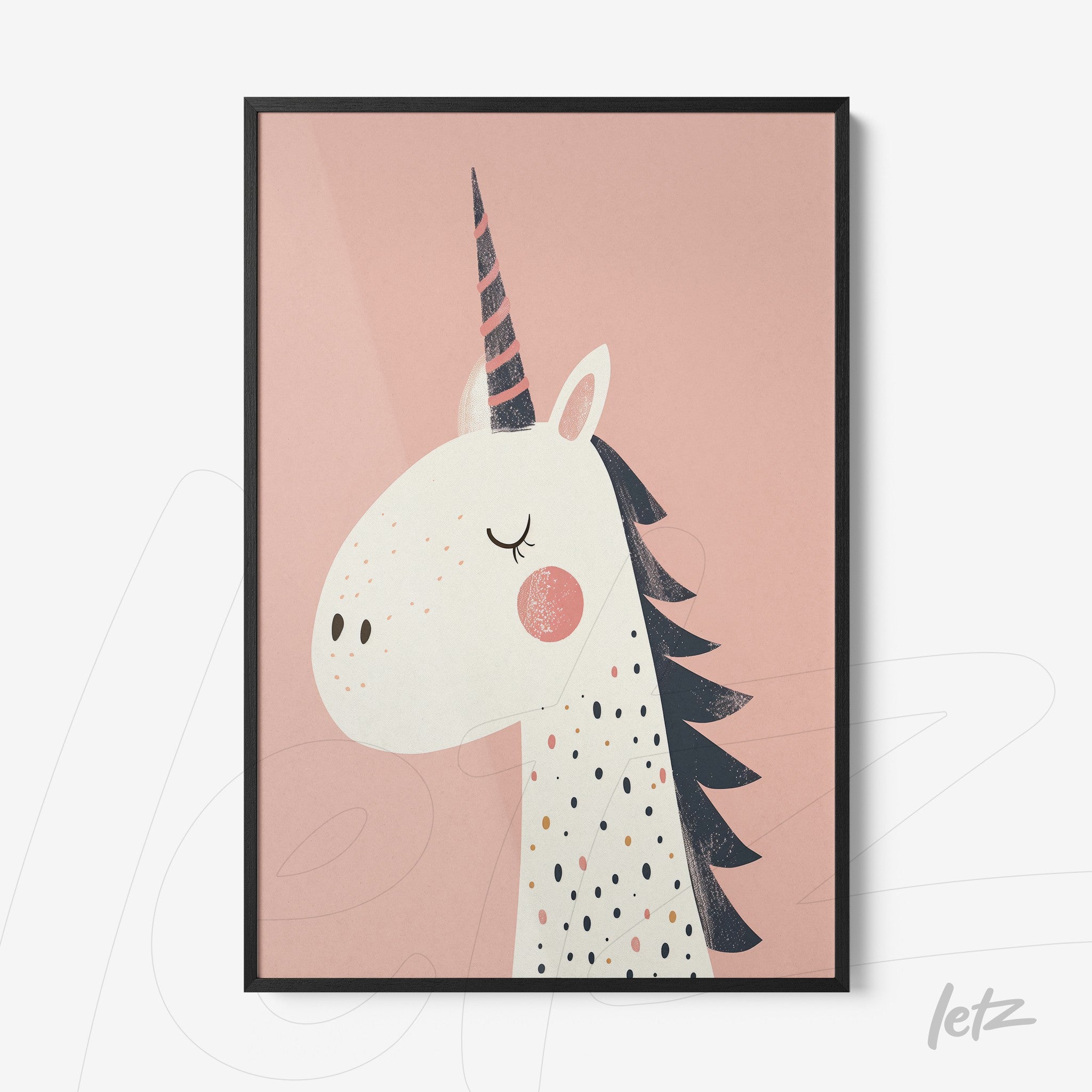 framed wall art featuring a unicorn illustration against a light pink background