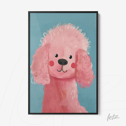framed wall art featuring a pink poodle illustration against a blue background with a black frame