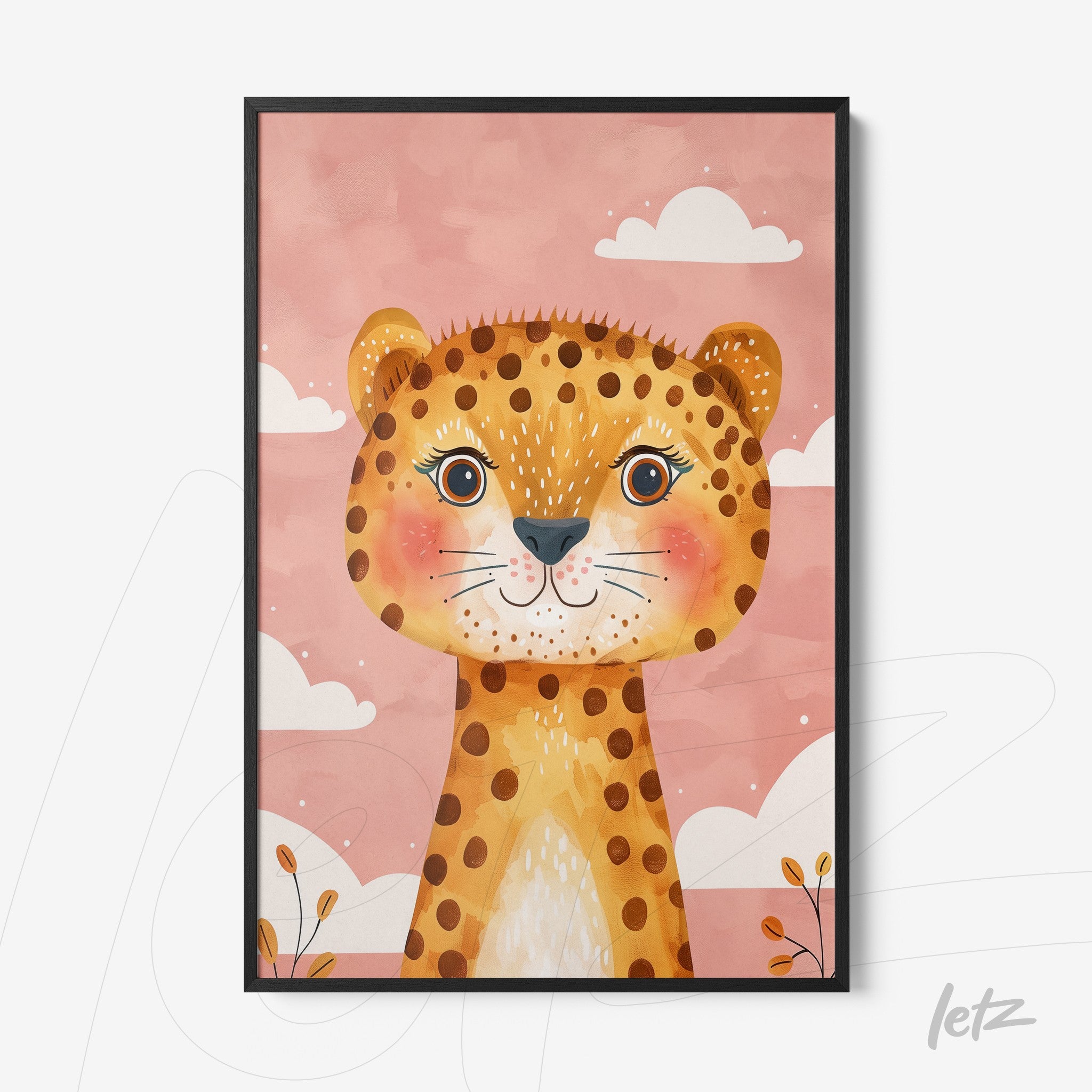 framed artwork featuring a stylized leopard illustration on a pink background with white clouds and floral elements