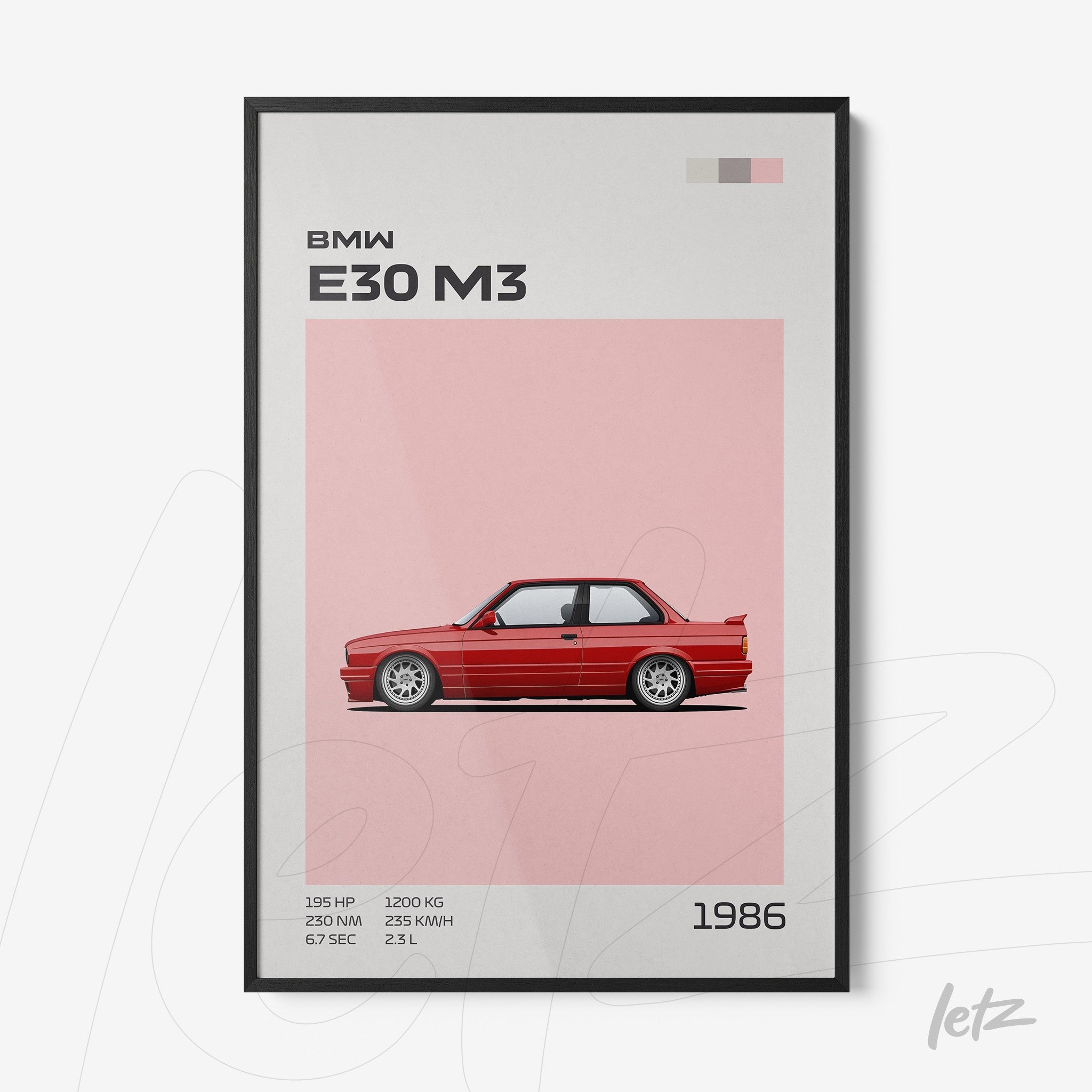 framed artwork featuring a minimalist illustration of BMW E30 M3 in black frame