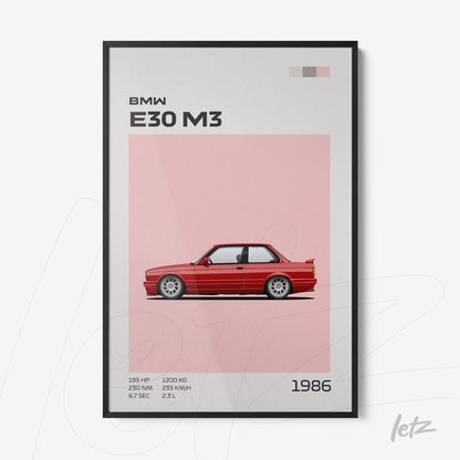 framed artwork featuring a minimalist illustration of BMW E30 M3 in black frame