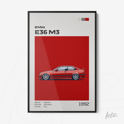 framed artwork featuring a stylized illustration of BMW E36 M3 on a red background with black frame