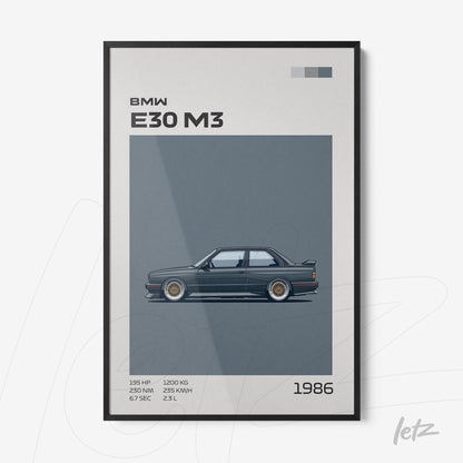 framed art print featuring a detailed illustration of the BMW E30 M3 against a blue background with a black frame
