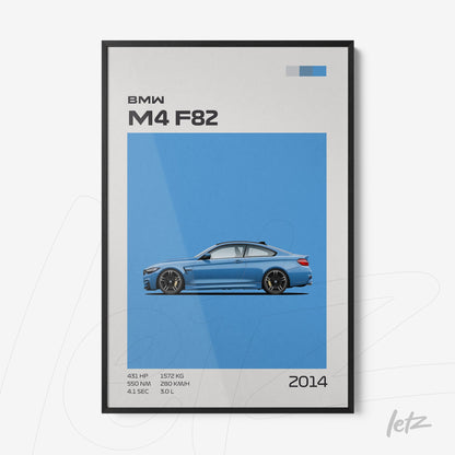 graphic art frame of BMW M4 F82 car against blue background with black frame
