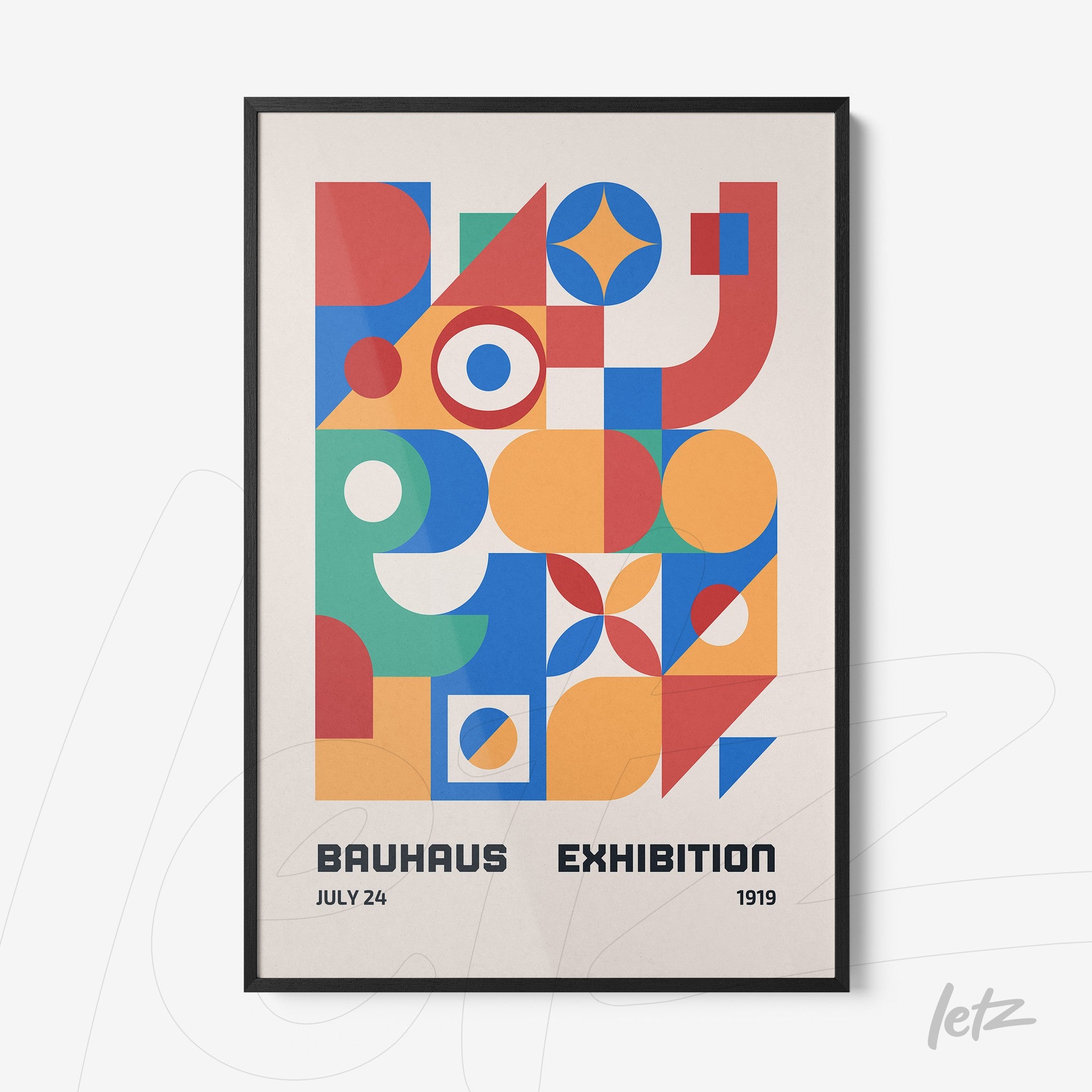 poster print featuring colorful geometric bauhaus style design in black frame