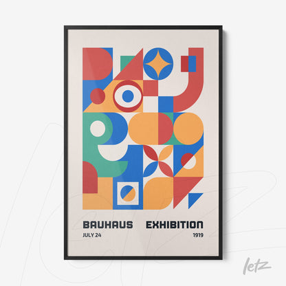poster print featuring colorful geometric bauhaus style design in black frame