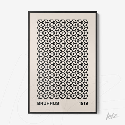 poster print featuring black geometric pattern on white background with text 'bauhaus 1919' in thin black frame