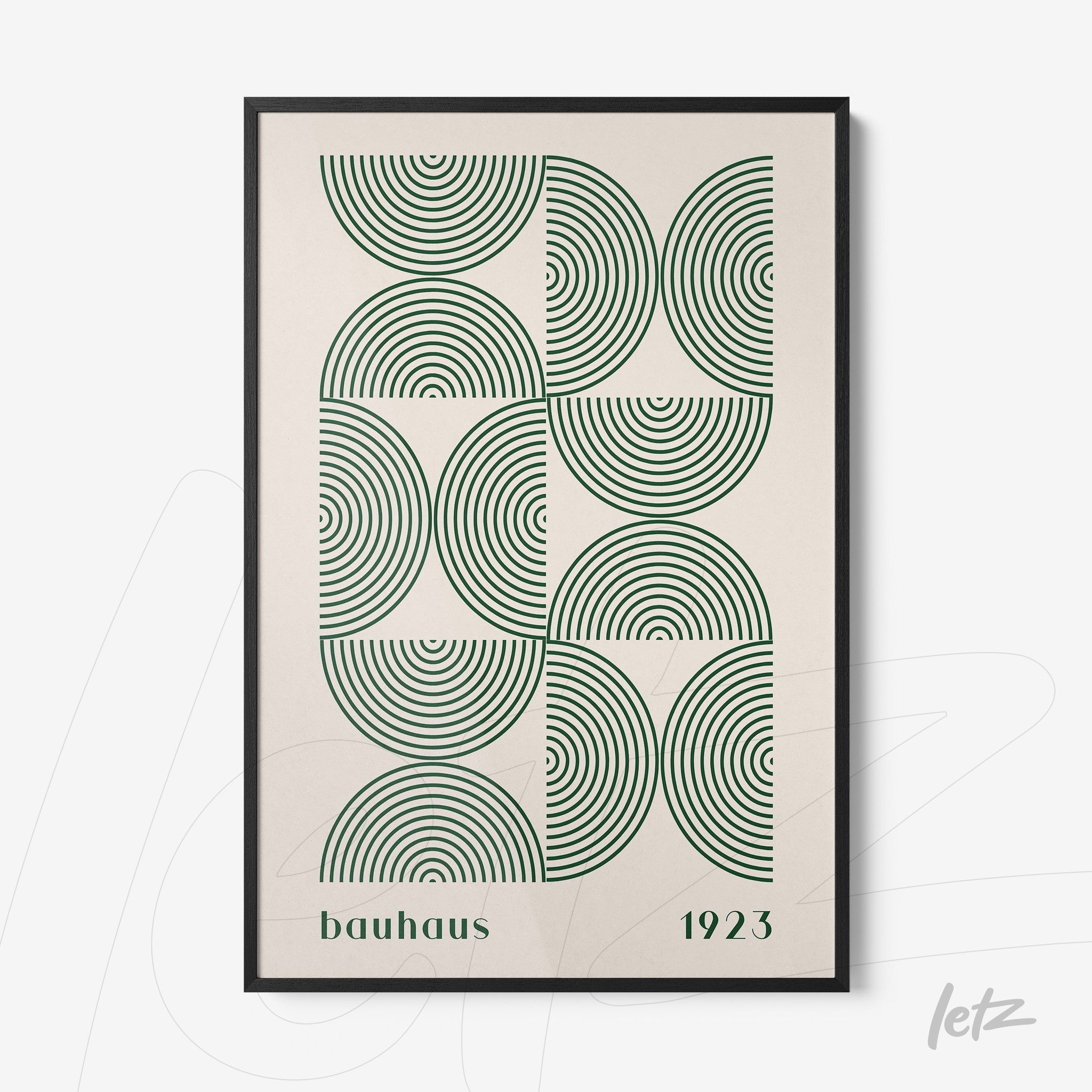 poster print featuring Bauhaus style green geometric design with concentric circles, set in black frame