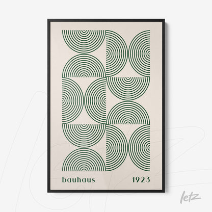 poster print featuring Bauhaus style green geometric design with concentric circles, set in black frame