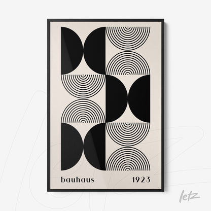 black and white geometric Bauhaus design in a black frame with text 'bauhaus 1923'