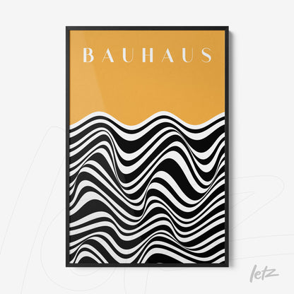 bauhaus style poster print featuring black and white waves on an orange background with black frame