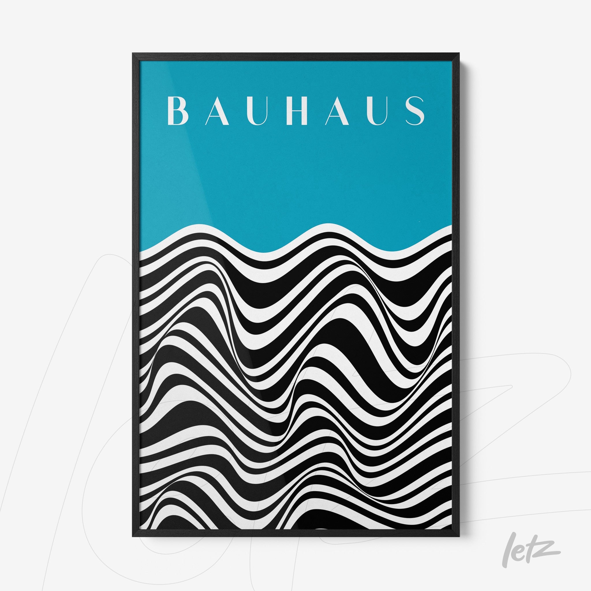 poster with black and white wavy design on blue background with 'bauhaus' text, framed in black