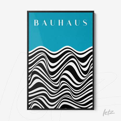 poster with black and white wavy design on blue background with 'bauhaus' text, framed in black