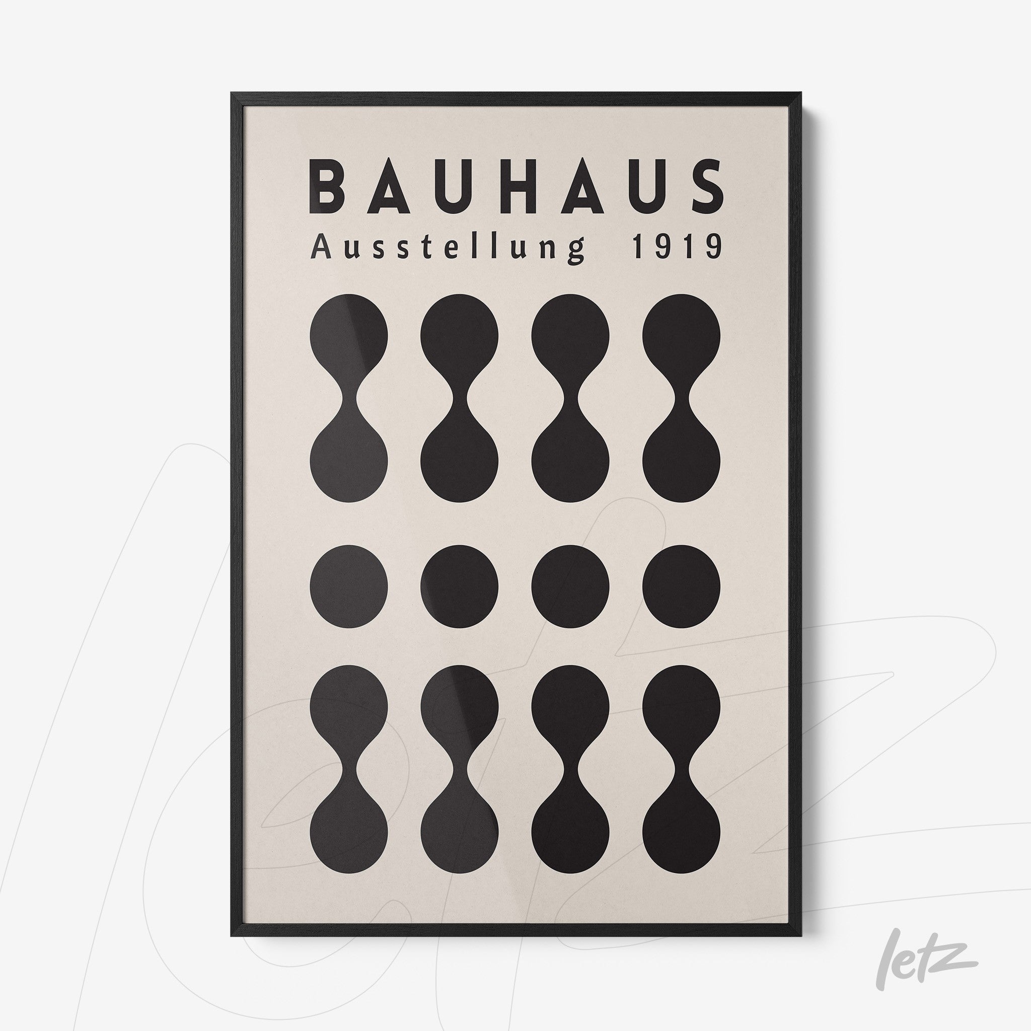Bauhaus style poster print with black geometric shapes on light beige background and thin black frame
